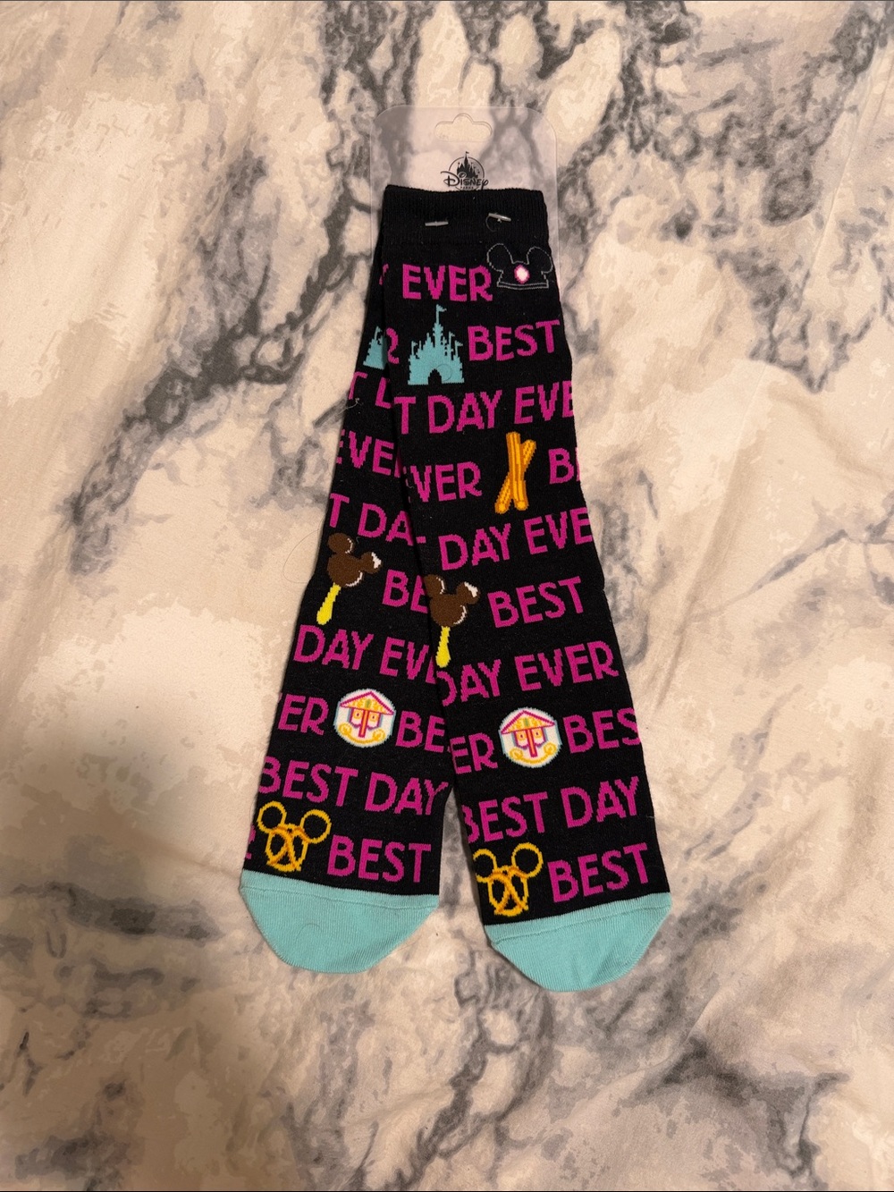Disney Black Crew Socks with Pink Lettering and Aqua Toes